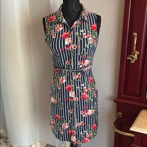 Navy Floral Striped Sleeveless Dress